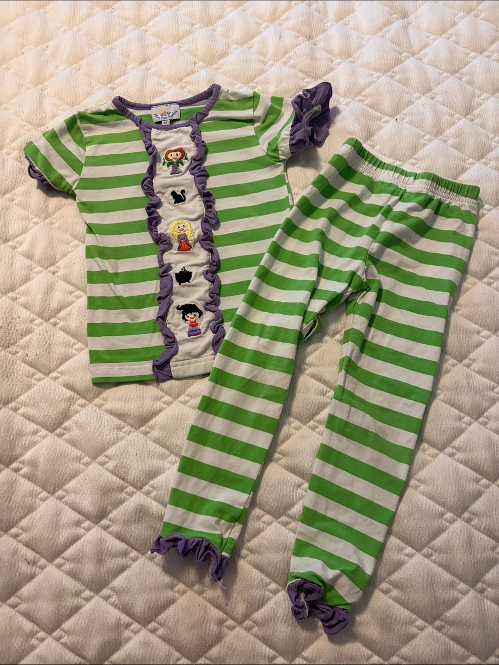 4T Hocus Pocus Children's Green & White Stripe Pajama Set with Purple Trim